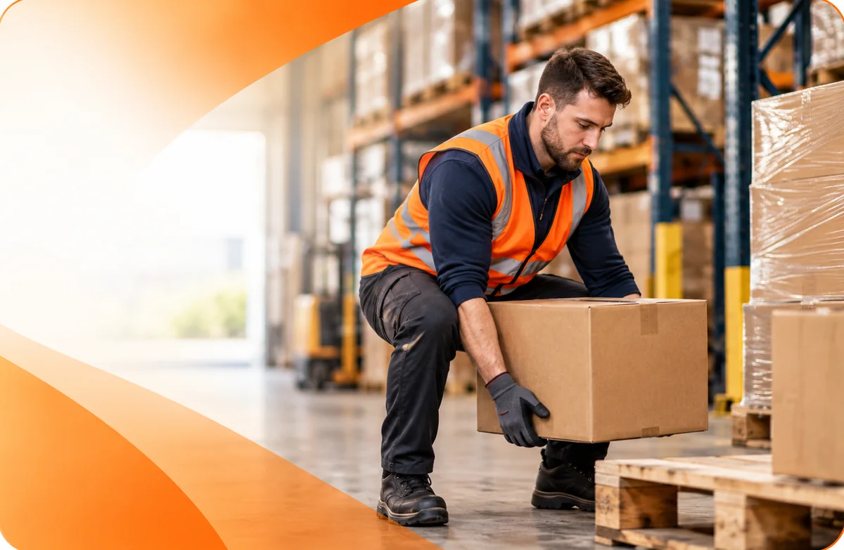 Worker demonstrating a lift with a box in a warehouse