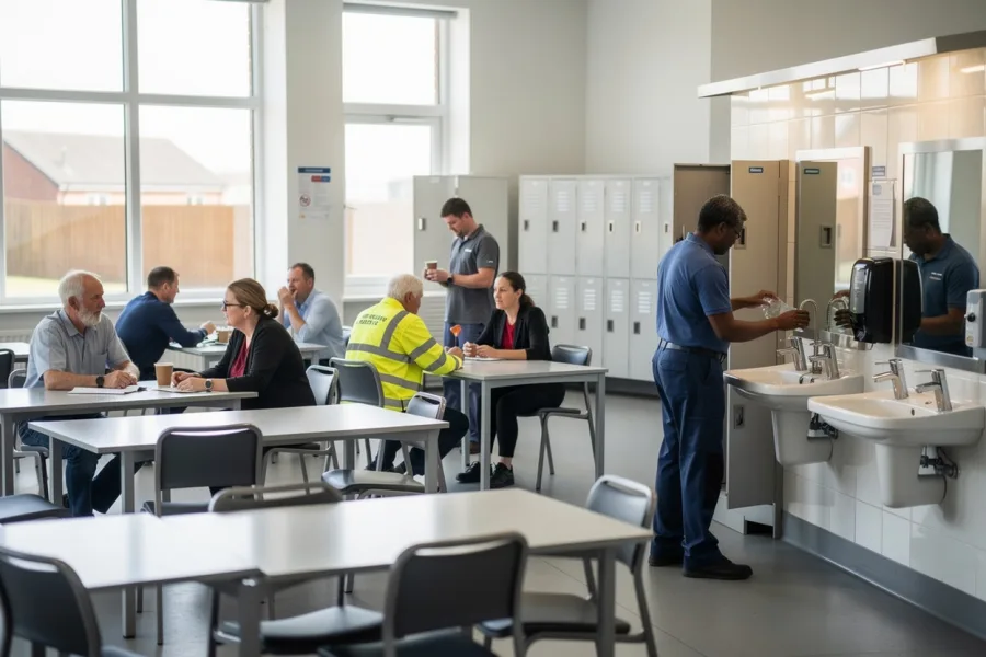 Colleagues, some in hi-vis vests, sit at tables in a staff room