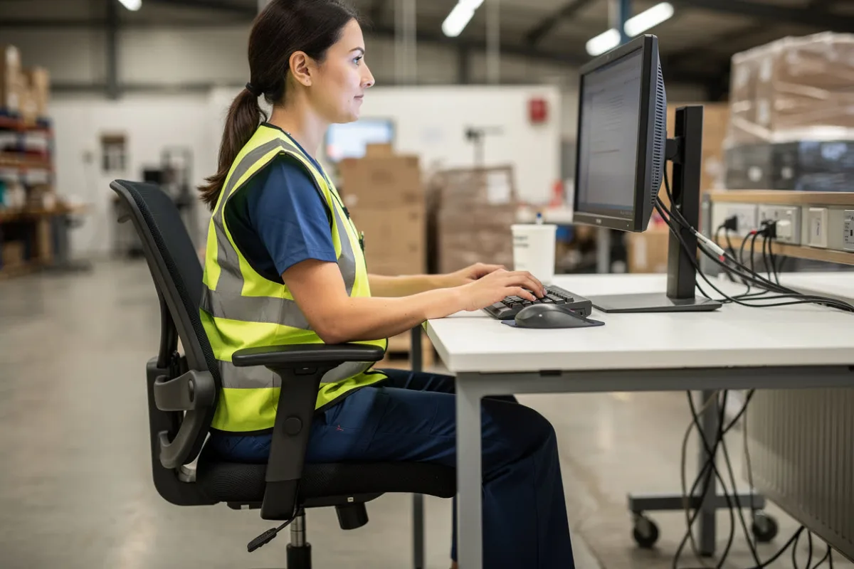 An employee in a hi-vis vest uses a computer at a desk in a warehouse office