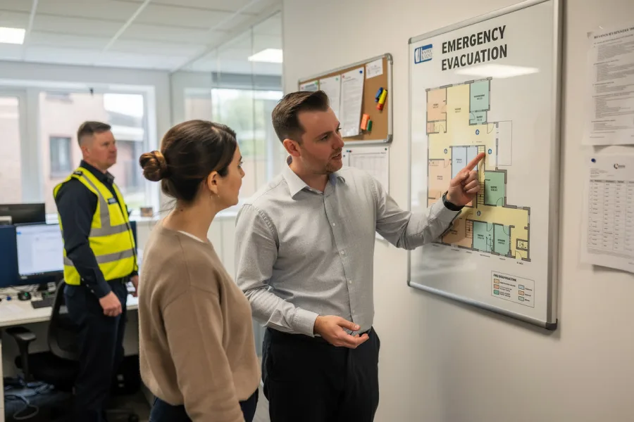 A fire warden points to an evacuation plan on an office wall while two colleagues look at it
