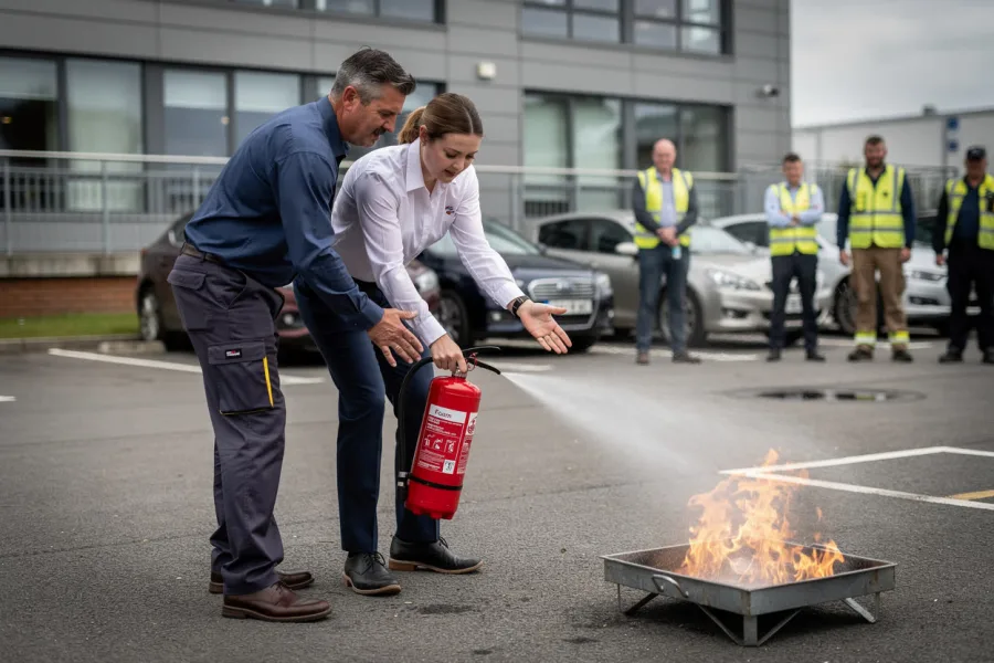 Two colleagues take part in a fire extinguisher practice session beside a small fire in a metal tray