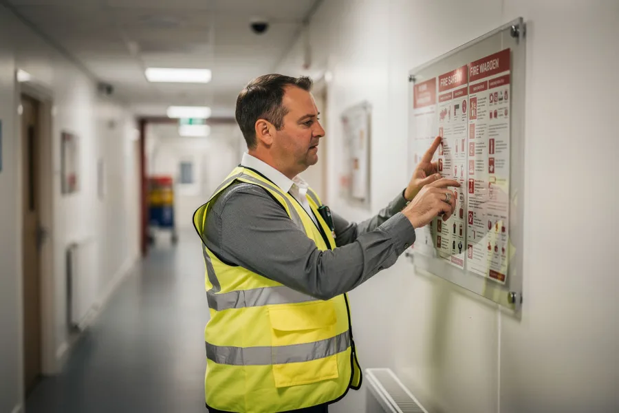 A fire warden reads a fire action notice on a corridor wall