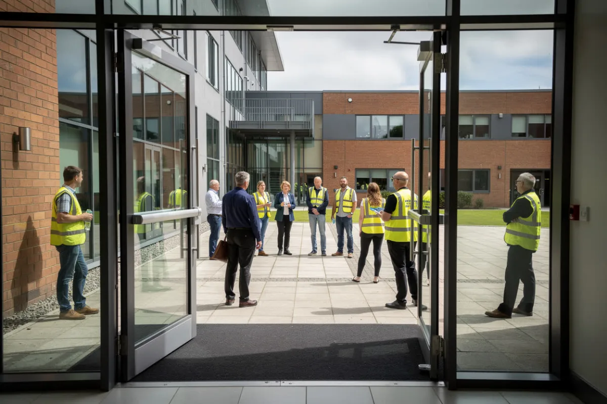 Staff in hi-vis vests and office clothes gather at an outdoor assembly point outside a building