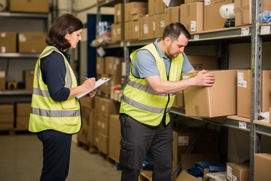 Two colleagues in hi-vis vests check goods on a shelf and make notes