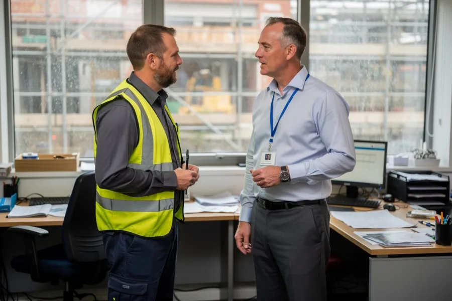 A worker in a hi-vis vest talks with a colleague wearing a lanyard in an office