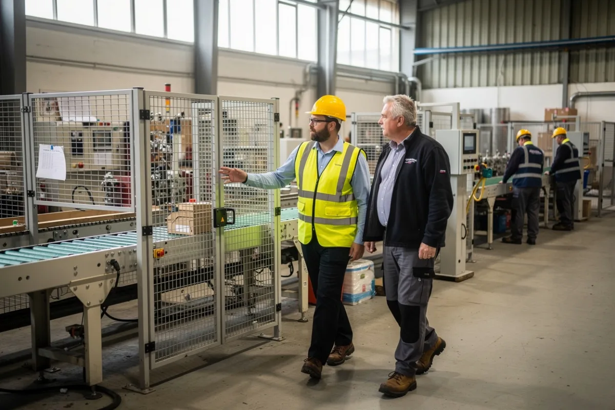 A manager and a safety representative walk through a workshop checking the work area