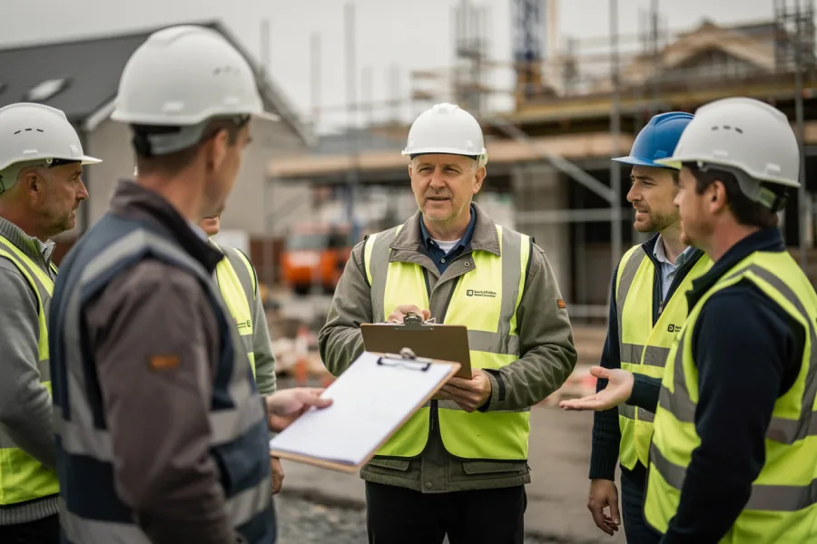 A site supervisor with a clipboard briefs workers in hard hats