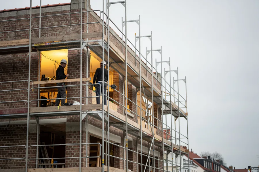 Scaffolding on a brick building under construction