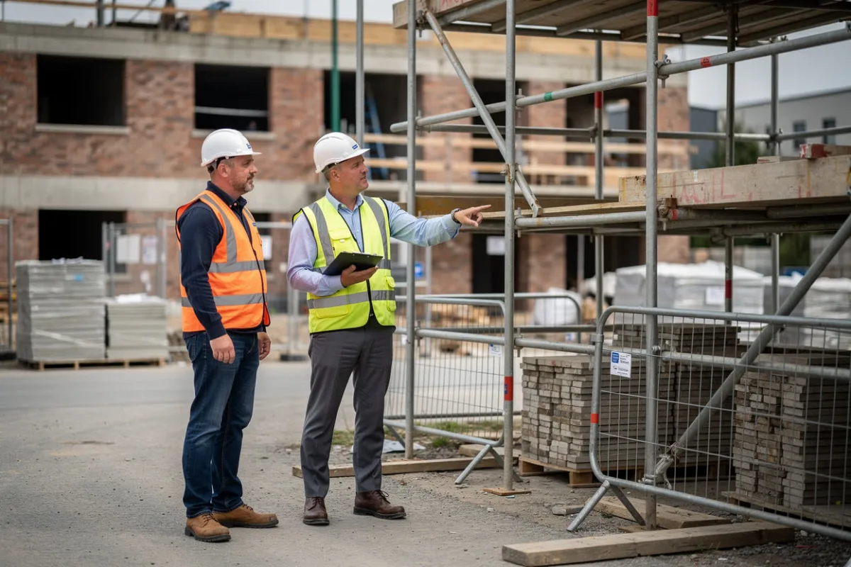 Two workers in hi-vis vests and hard hats talk on a building site beside scaffolding