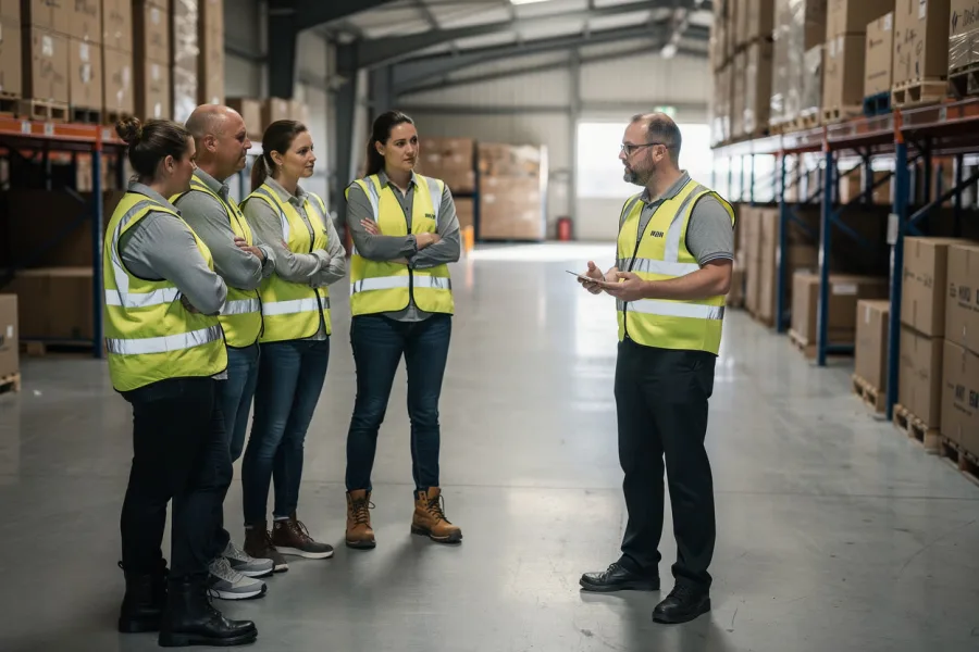 A supervisor briefs a team of workers in hi-vis vests in a warehouse