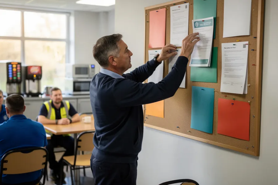 A worker pins a notice to a staff notice board in a break room