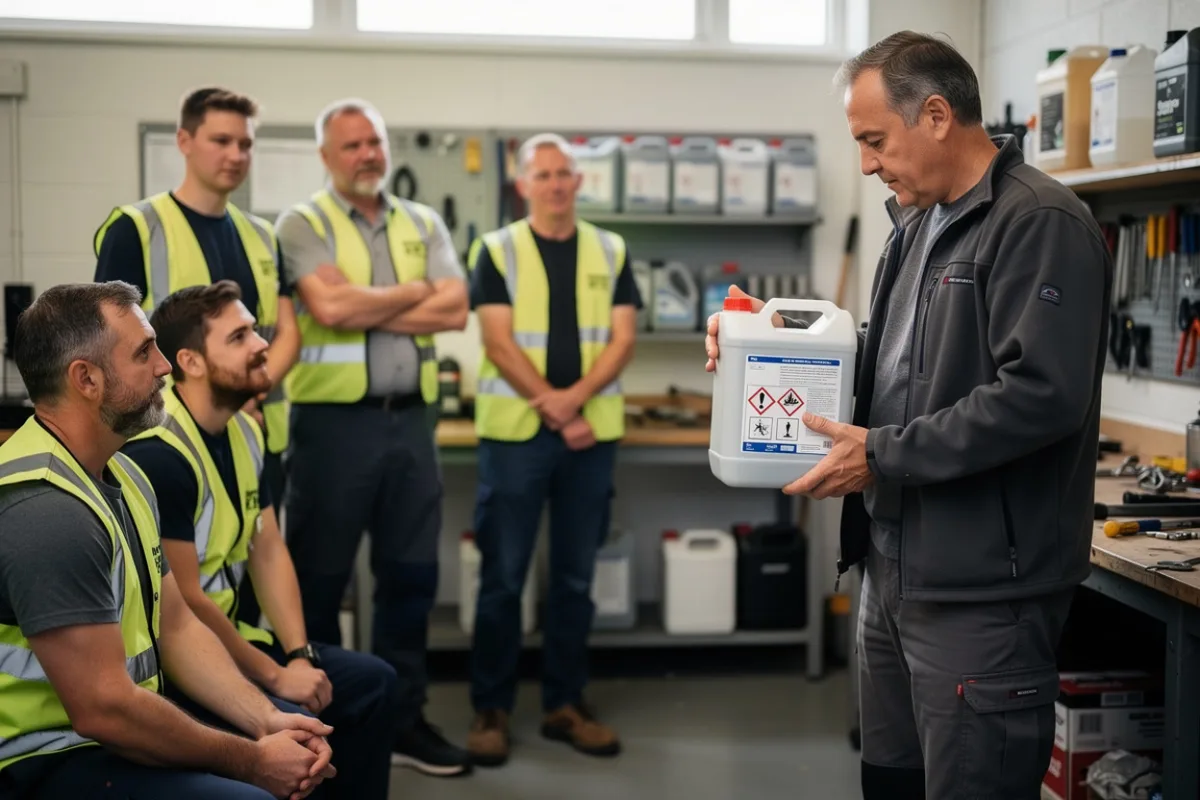 A supervisor holds a container while briefing a group of workers