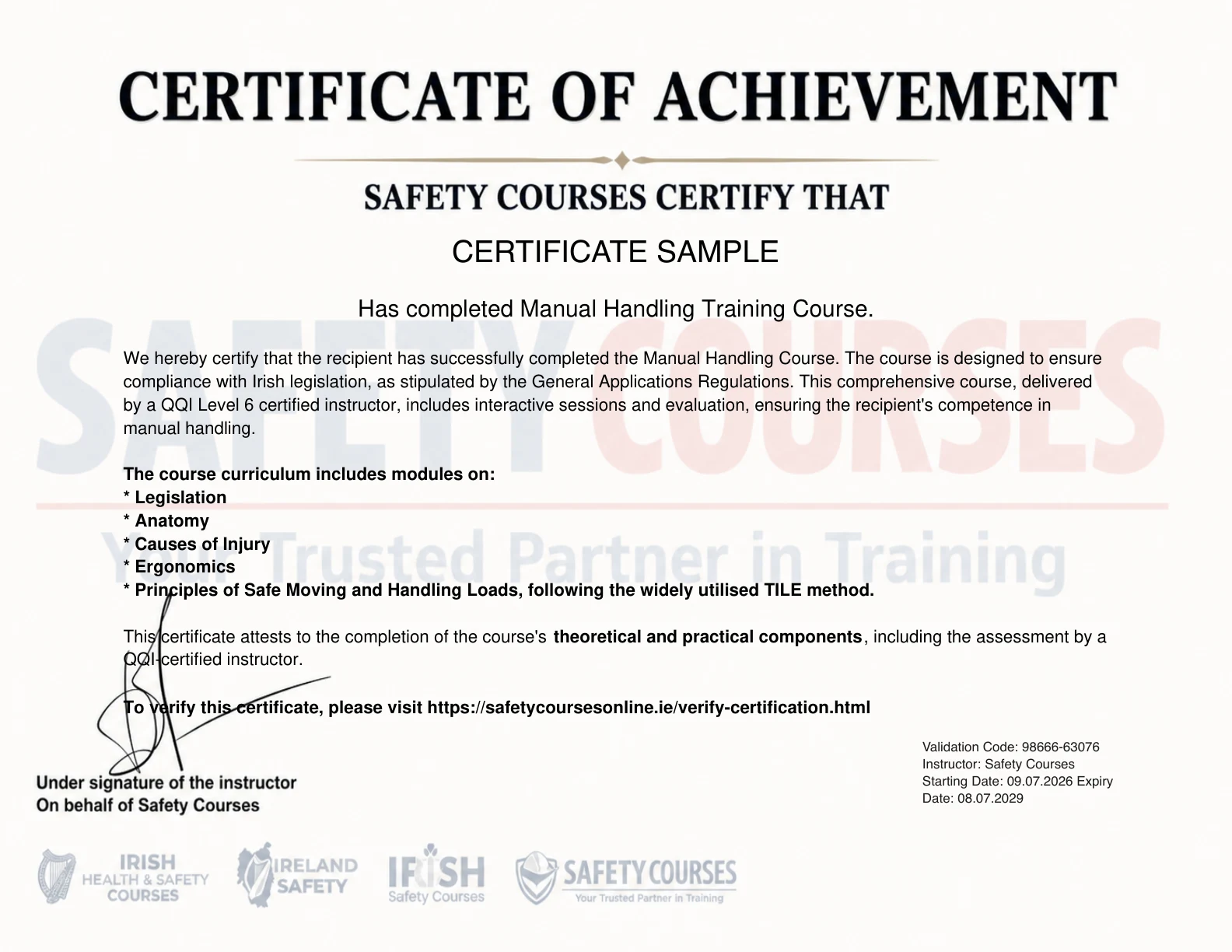 Sample Certificate of Achievement issued on completion, showing the recipient name, the course title, the course curriculum, a validation code, the instructor line and the starting and expiry dates.