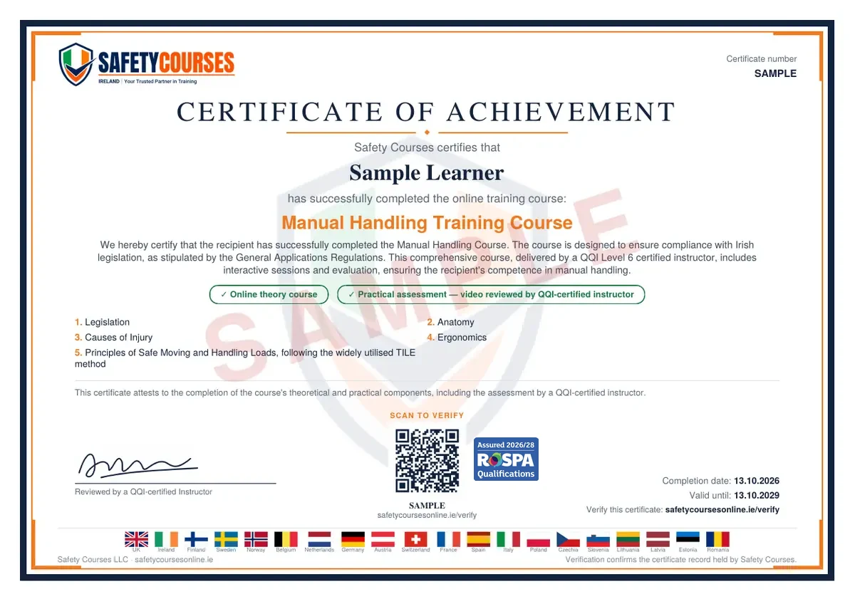 Sample Certificate of Achievement issued on completion, showing the recipient name, the course title, the course curriculum, a validation code, the instructor line and the starting and expiry dates.