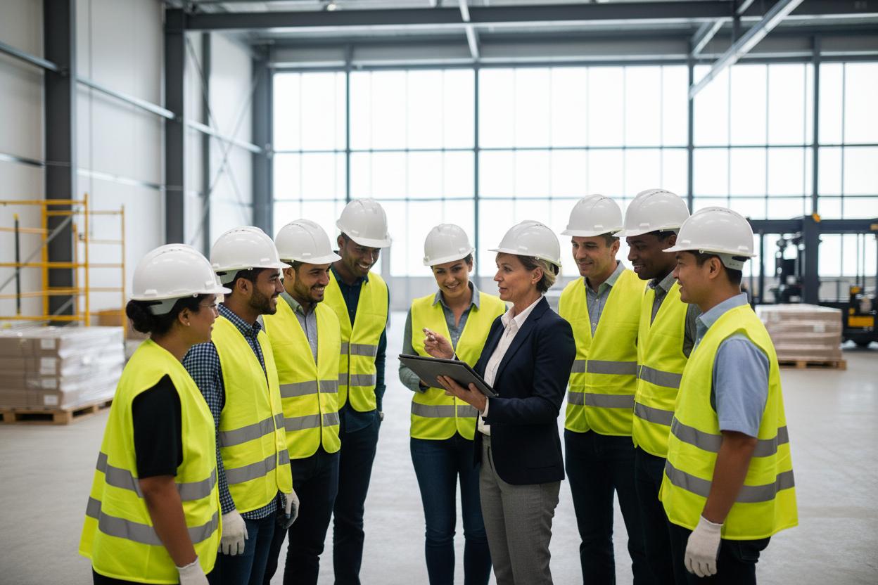 Safety manager training construction team using tablet - business safety account dashboard